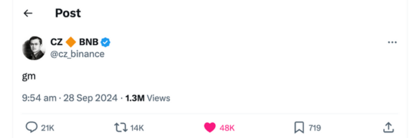 $GM | Solana

随着CZ的最新推文发布，这个项目刚上线一个小时，拥有强大的品牌形象和激动人心的代号。

交易量惊人——仅一个小时内达到了260万美元。图表显示出强劲走势，早期持有者似乎已经卖出，明显有反转的迹象。让我们看看它能跑多远！

🖥 合约 : BqERc1DGCaJ1gLiG9ueuPk4xJ6B9zW36RQZLXAva37g7