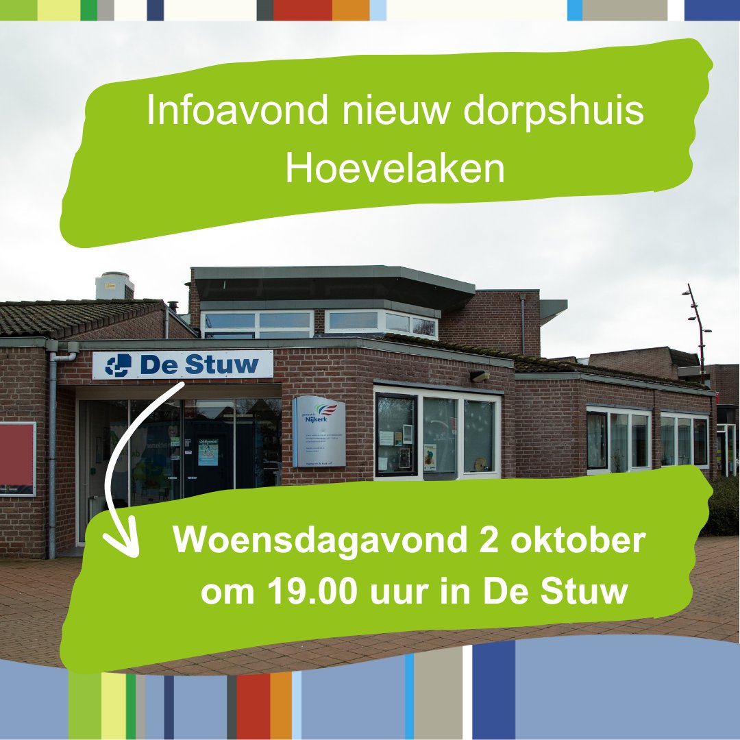 Ben jij ook van plan om naar de bijeenkomst op woensdagavond 2 oktober te komen? Om 19.00 uur ben je welkom in De Stuw in Hoevelaken voor meer info over het nieuwe dorpshuis. 🏠 #Hoevelaken #dorpshuis #infobijeenkomst 🌟👀 Meer info: nijkerk.eu/nieuw-dorpshui…