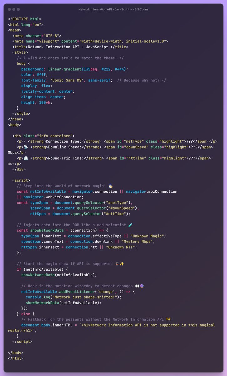 BilliCodes's tweet photo. Network Information API - JavaScript

Check Real-time tracking
• Network Type
• Network Speed and 
• Round time https://t.co/XSJ3ZVkZnC