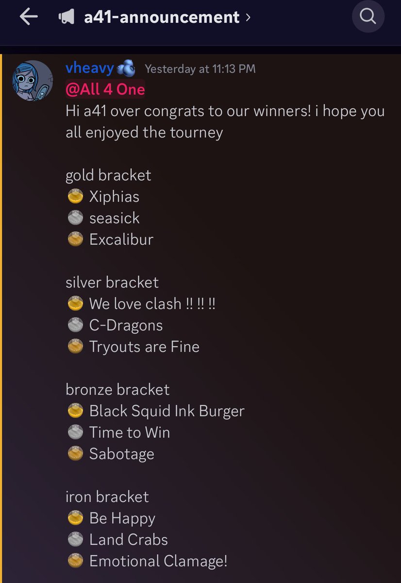 BSIB takes first place in Bronze Bracket for A41 Clams 🎉

CB isn't our strongest mode and we really signed up just to practice, so we're really happy to go the distance and snag out a W. Lots of nail biter games; GGs to everyone who played!