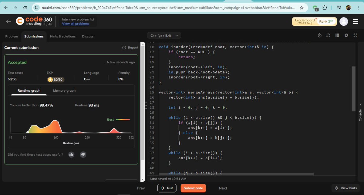 Mont_y_adav001's tweet image. Namaste Connections!๐
๐ป Day 98 of #100DaysOfCode Challenge!๐
Today, I tackled:
โ
 Merge Two BSTs ๐ณ
The challenge was to combine two BSTs into a balanced one. Now, Iโm excited to move on to Heap Sort in C++! ๐
Let the learning continue! ๐ฑ
#Dsa #BinarySearchTree #HeapSort