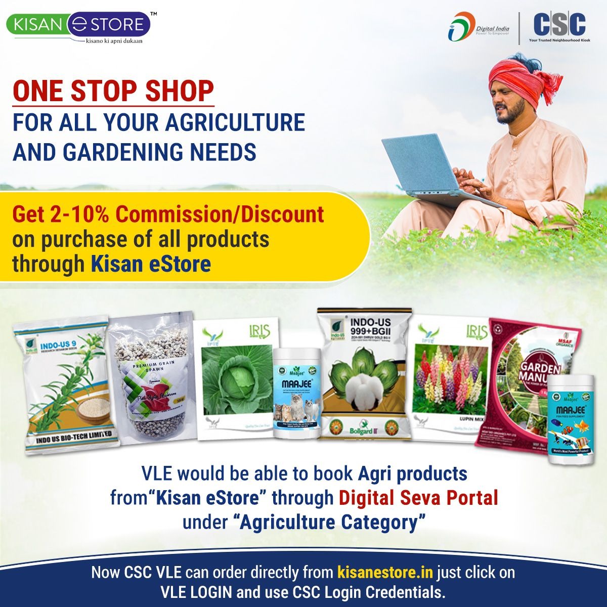 CSCegov_'s tweet photo. One Stop Shop for all your Agriculture & Gardening Needs...

Get 2-10% Commission/Discount on purchasing all products through the Kisan eStore...

VLE could book Agri products from "Kisan eStore" through the Digital Seva Portal under "Agriculture Category" or order directly from https://t.co/vfQCZpvQQL

For any queries, call us at 14599 or write to helpdesk@csc.gov.in

#CSC #DigitalIndia #CSCKisanEStore #KisanEStore #CSCAgricultureSerive #DigitalInclusion #Farmers #RuralEmpowerment #DigitalSevaPortal