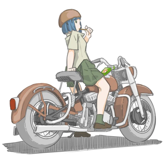 車上プリッツ休憩をする女子です。(陸王 Model R (1955))【再掲】#バイクJK#イラスト 