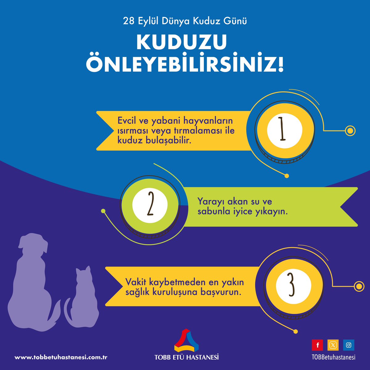 28 Eylül Dünya Kuduz Günü, Kuduzu Önleyebilirsiniz! 

#tobbetühastanesi #tobb #dünyakuduzgünü #kuduzhastalığı #kuduz #worlrabiesday #sağlık
