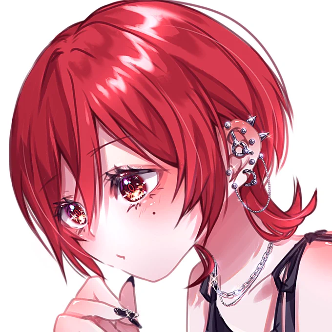 そうですー! 詳細という詳細がないんですが、 とりあえずピアスばちばちで、泣きぼくろがあるウルフカットの赤髪です! ほくろの位置は多分、今アイコンにしてる画像が正解