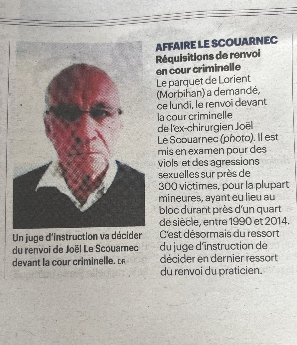 Stef_Burlot's tweet image. Lui n'est pas sous OQTF et ne fait pas la une de la presse nationale.
Joël Le Scouarnec est chirurgien, Français, pédophile, violeur. Condamné à 15 ans de prison en 2020, il est de nouveau mis en examen pour viols et agressions sur 312 victimes.
francetvinfo.fr/faits-divers/a…