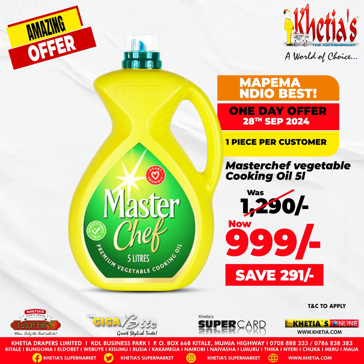 Master Chef na Khetias Supermarket wamefanya ile kitu.

Starting this 9:00 am and valid for only today, grab 5L cooking oil at the discounted rate of 999/=

#Khetiaskwabeinafuu
