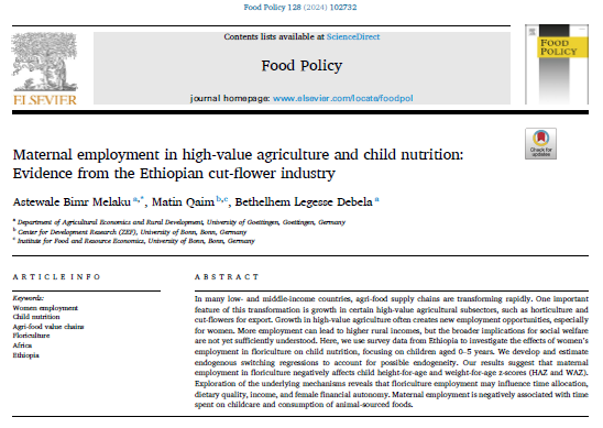 In 🇪🇹, we show that maternal employment in cut-flower sector worsens child nutrition. While raising female autonomy, it reduces time for childcare &amp; food preparation. Men would need to take on more home tasks to avoid undesirable outcomes (not only in 🇪🇹). doi.org/10.1016/j.food…