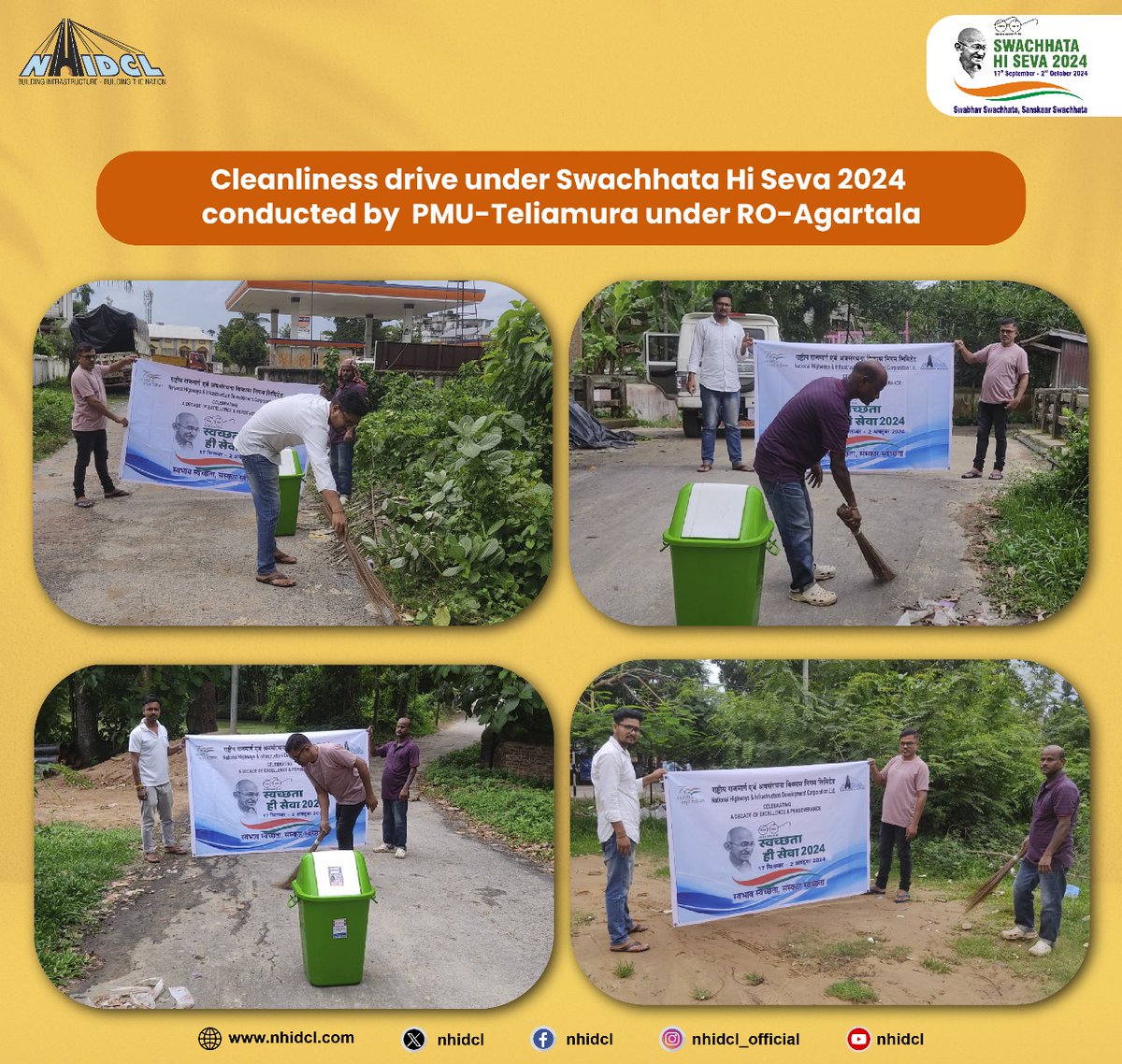 nhidcl's tweet photo. NHIDCL’s PMU-Teliamura under RO-Agartala, Tripura is leading the way for cleanliness throughout the state. Senior officials and employees collaborated to showcase their dedication to the initiative “Swachhata Hi Seva.”

#SwachhataHiSeva2024 #SHS2024 #SwabhavSwachhataSanskaarSwachhata #CleanIndia #NHIDCL