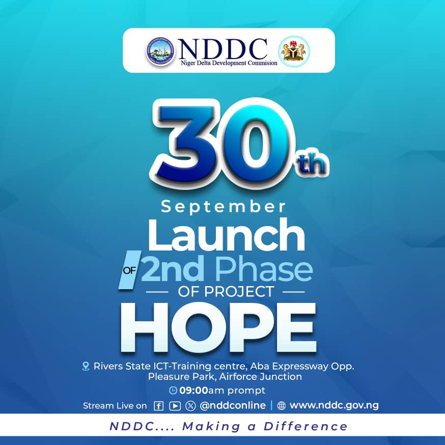 NDDCOnline's tweet photo. Launch of the 2nd Phase of Project HOPE

The Niger Delta Development Commission (NDDC) is excited to announce the official launch of the 2nd phase of Project HOPE. This significant event will take place on September 30th, 2024.

This phase of Project HOPE reaffirms NDDC's commitment to fostering sustainable development and uplifting communities across the Niger Delta region. As we continue to make a difference, this new phase will bring additional opportunities and positive impacts to the lives of the people.

Details of the Event:
Date: September 30th, 2024
Venue: Rivers State ICT-Training center, Opposite Pleasure Park Aba Road Port Harcourt 
Time: 9:00 AM prompt

We look forward to your participation as we embark on this important journey to further enhance the development of the Niger Delta region.
The events will be streamed live using NDDC's social media handles Viz Facebook, Twitter and YouTube.

NDDC –Making a Difference
