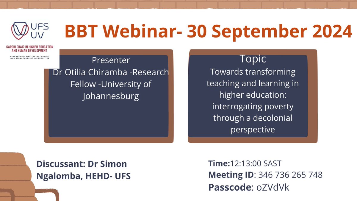 Higher Education & Human Development Research_ SA (@hehd_sa) on Twitter photo Join the BBT conversation <a href="/HEHD_SA/">Higher Education & Human Development Research_ SA</a> next Monday on Towards transforming teaching and learning in higher education: interrogating poverty through a decolonial perspective <a href="/UFSweb/">UFS</a> <a href="/NgalombaSimon/">Simon Ngalomba</a> Join the BBT conversation <a href="/HEHD_SA/">Higher Education & Human Development Research_ SA</a> next Monday on Towards transforming teaching and learning in higher education: interrogating poverty through a decolonial perspective <a href="/UFSweb/">UFS</a> <a href="/NgalombaSimon/">Simon Ngalomba</a>