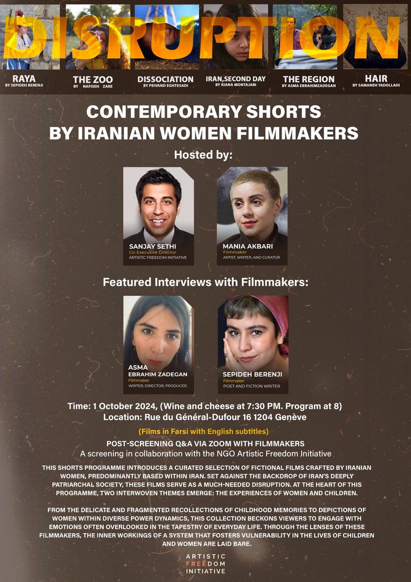 cryptofiction (@cryptofiction) on Twitter photo We are thrilled to announce the screening of “6 Films by 6 Filmmakers: Disruption - Contemporary Shorts by Iranian Women Filmmakers”, The event will take place on October 1st at Les Cinémas du Grütli in Geneva. <a href="/artistic_AFI/">Artistic Freedom Initiative</a> We are thrilled to announce the screening of “6 Films by 6 Filmmakers: Disruption - Contemporary Shorts by Iranian Women Filmmakers”, The event will take place on October 1st at Les Cinémas du Grütli in Geneva. <a href="/artistic_AFI/">Artistic Freedom Initiative</a>