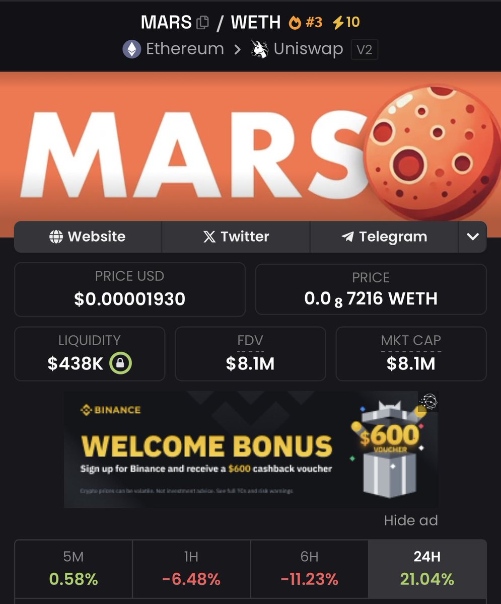 Elon Narrative Hasn’t Failed Me Yet. I’m On Board. Time To Send It To $MARS 🚀

dexscreener.com/ethereum/0x284… <a href="/mars_erc20/">Mars</a>