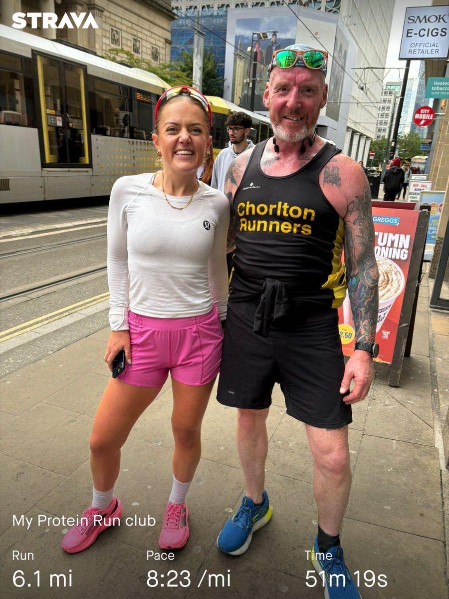What a morning! Parkrun 95 followed by a very random 10k with Manchester Myprotein Run Club and elite GB runner Anya Culling at the helm! (Pictured with me). Struggled to keep with my young colleagues and came last of a fast group! I was grandad at the back! 😂😂