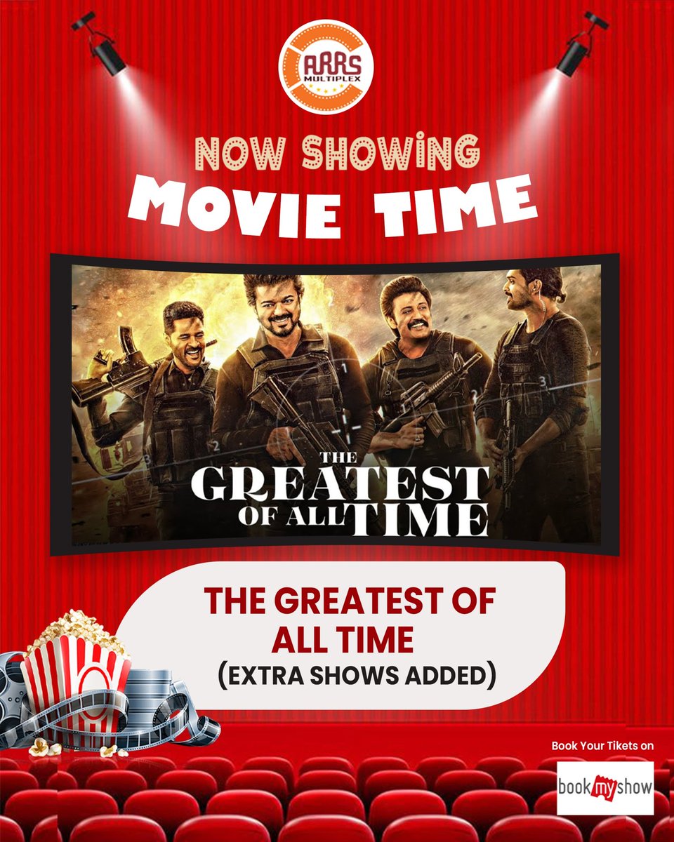 SalemArrs's tweet image. 🤩🎥Don’t miss the chance to witness greatness! 🎬 Extra shows of "Greatest of All Time" are happening at ARRS Multiplex🥳🔥. 
Grab your tickets now!@bookmyshow🎟️

#GreatestOfAllTime #ARRSMultiplex #ExtraShows #MustSee #CinemaExperience #BookYourTickets #FilmLovers