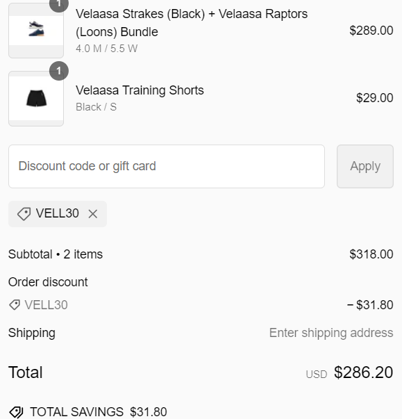 10% off at <a href="/Velaasa_OneMore/">Velaasa Collective</a> Athletic Shoes, Apparel ...
With code VELL30

velaasa.com

#velaasa #sports #shoes #sportshoes #athleticshoes #sportequipment #athletics #AthleticClub #sportwear #clothing #apparel