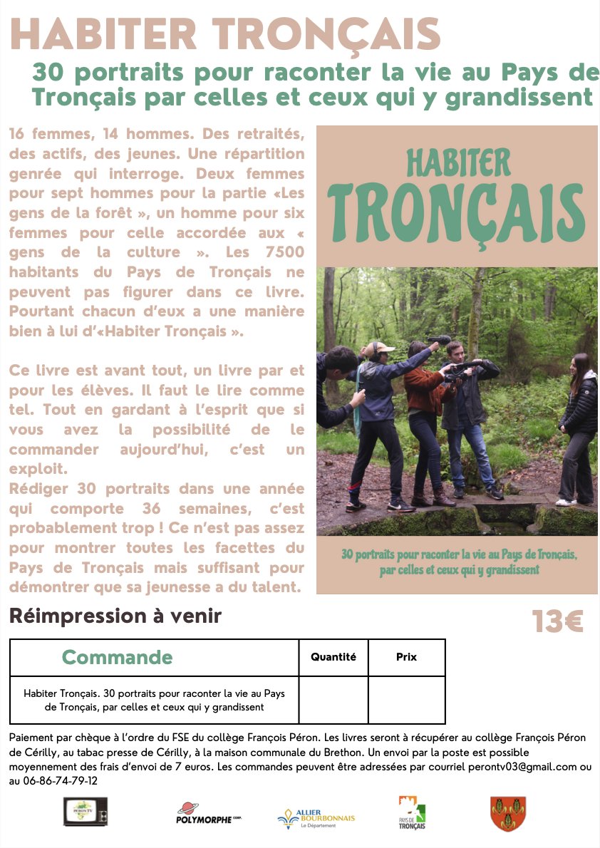 Quelques exemplaires du livre "Habiter Tronçais" seront disponibles ce samedi mais il est d'ores et déjà possible de précommander des exemplaires de l'ouvrage. Une réimpression sera programmée dès que nous aurons atteint les 80 précommandes. 
mediascol.ac-clermont.fr/college-franco…