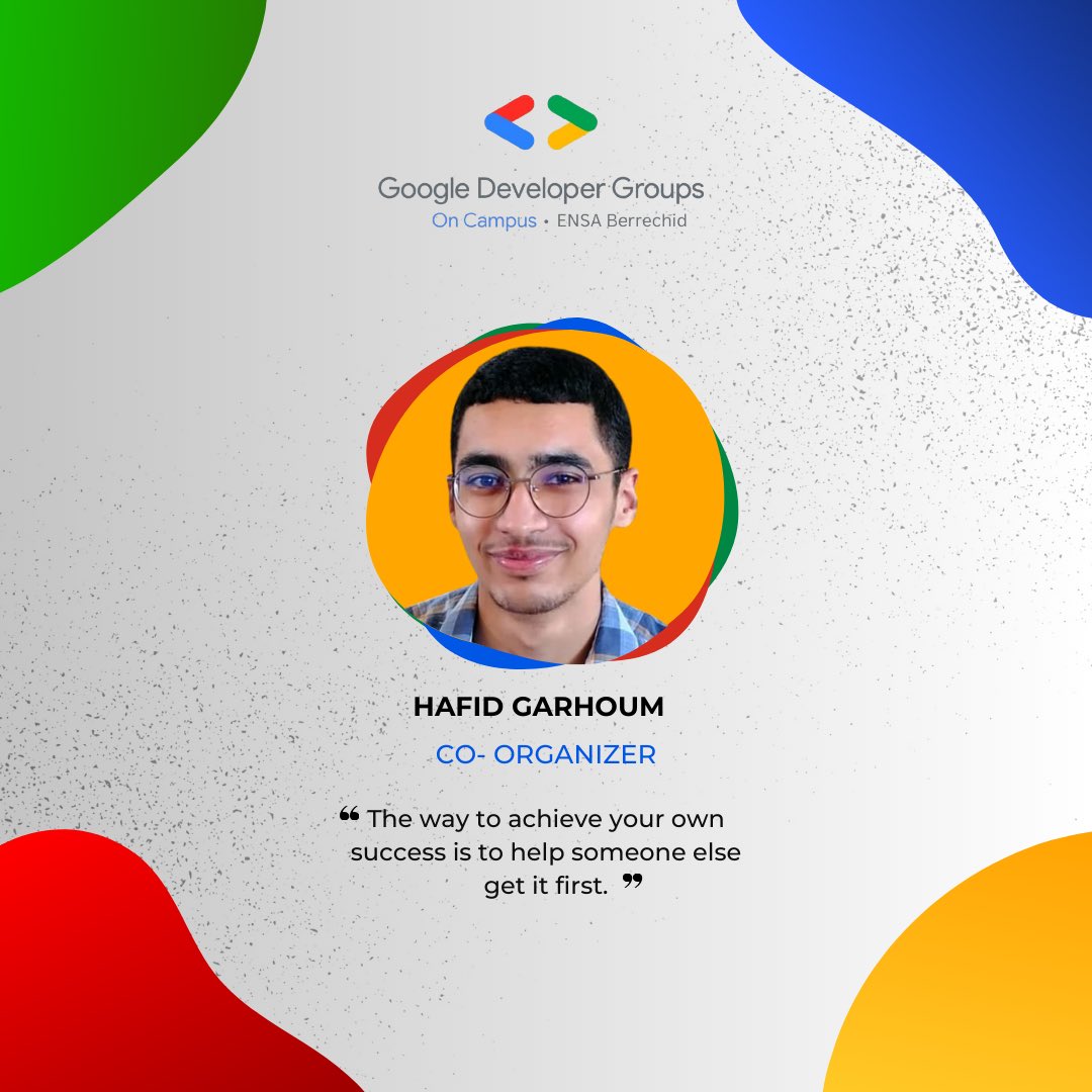 GDSCENSAB's tweet photo. Hafid Garhoum - Co-Organizer
Supporting the team in all organizational matters, Hafid works alongside Issam to bring our events and projects to life. https://t.co/akxM8UtFyB