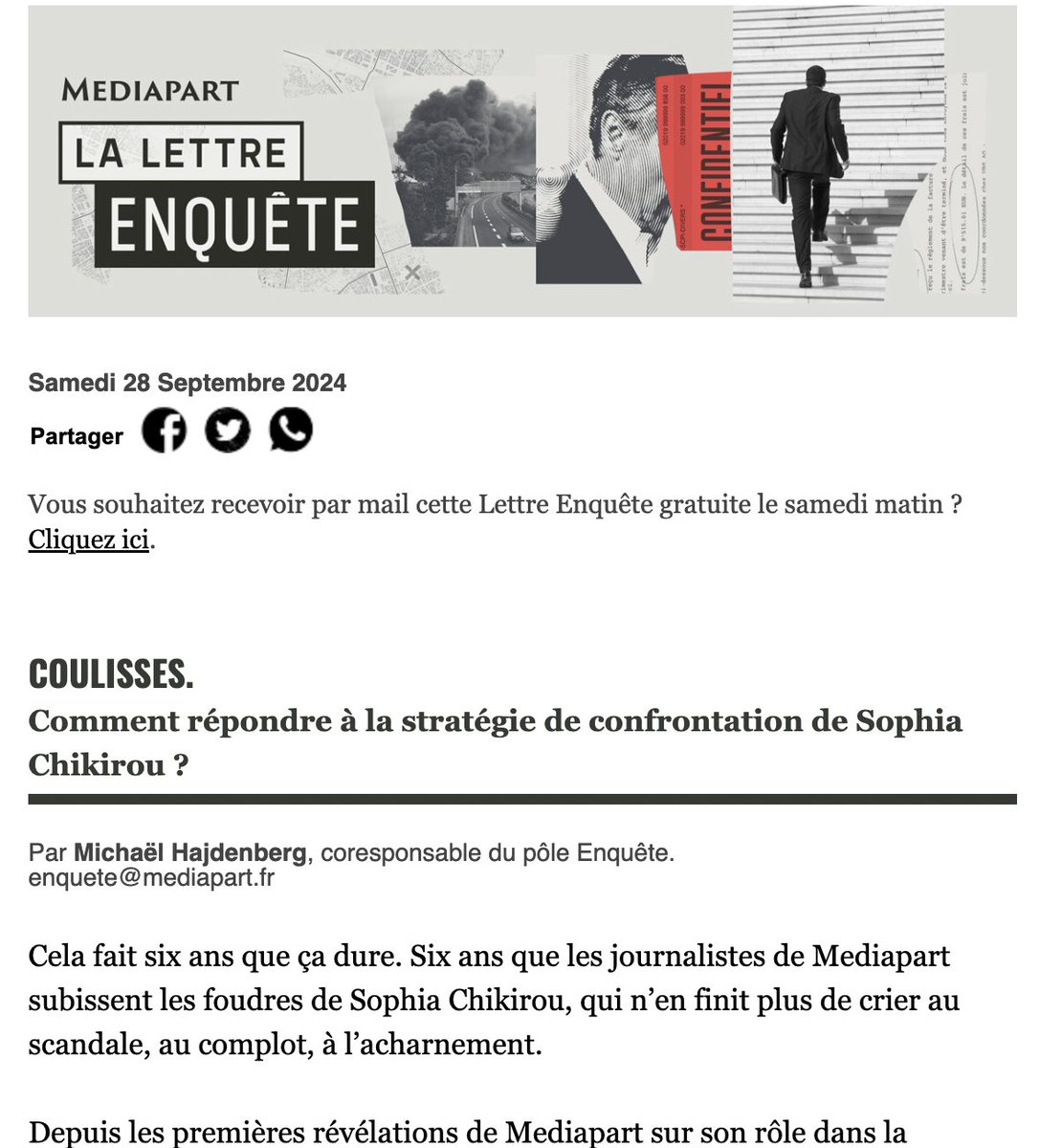Marine Turchi (@marineturchi) on Twitter photo Depuis 6 ans, <a href="/Mediapart/">Mediapart</a> subit les foudres de Sophia Chikirou, qui n’en finit plus de crier au complot.
« Elle ment sur le fond, elle ment sur la forme. Elle profite de l’inculture judiciaire des gens pour raconter n’importe quoi. C’est la post-vérité. »
info.mediapart.fr/optiext/optiex… Depuis 6 ans, <a href="/Mediapart/">Mediapart</a> subit les foudres de Sophia Chikirou, qui n’en finit plus de crier au complot.
« Elle ment sur le fond, elle ment sur la forme. Elle profite de l’inculture judiciaire des gens pour raconter n’importe quoi. C’est la post-vérité. »
info.mediapart.fr/optiext/optiex…