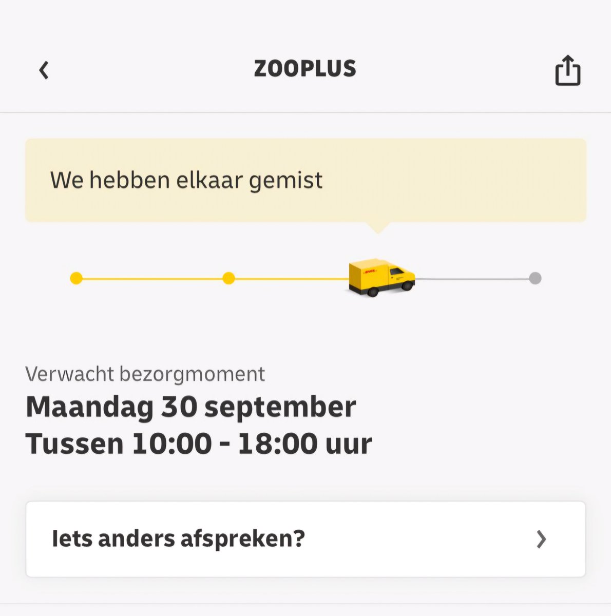 Fijn hoor @DHLNL. We zijn gewoon thuis. Bewust thuis gebleven omdat we wachten op voer voor onze dieren, geen bezorger gezien maar "we hebben elkaar gemist". En nu?