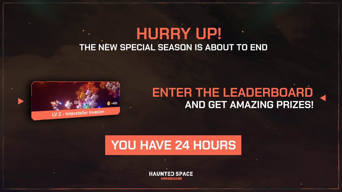 🔺SPECIAL SEASON IS ENDING 🔺

If you didn't try our "lvl 2 fast version" log in and try it to win amazing rewards

Many of you fight hard for their place in the leaderboard, show your strenght and fight for the top places

PLAY THE GAME: t.me/HauntedSpaceMi…