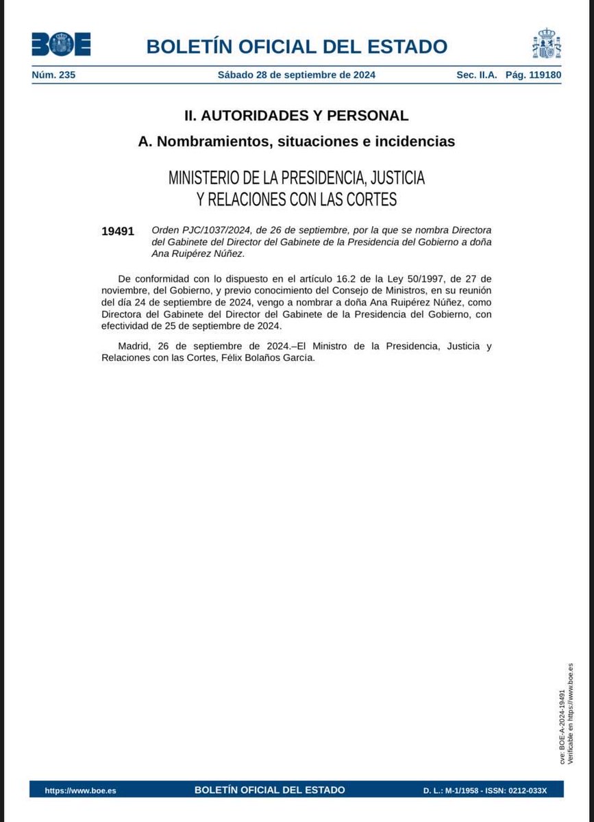 BOE de hoy. Real. Me llega vía Pepe Cabrera: “Orden por la que se nombra Directora del Gabinete del Director del Gabinete de la Presidencia del Gobierno a doña Ana Ruipérez Núñez”

Pocos nombramientos en cascada me parecen. Yo creo que Ruipérez también necesita su propio gabinete