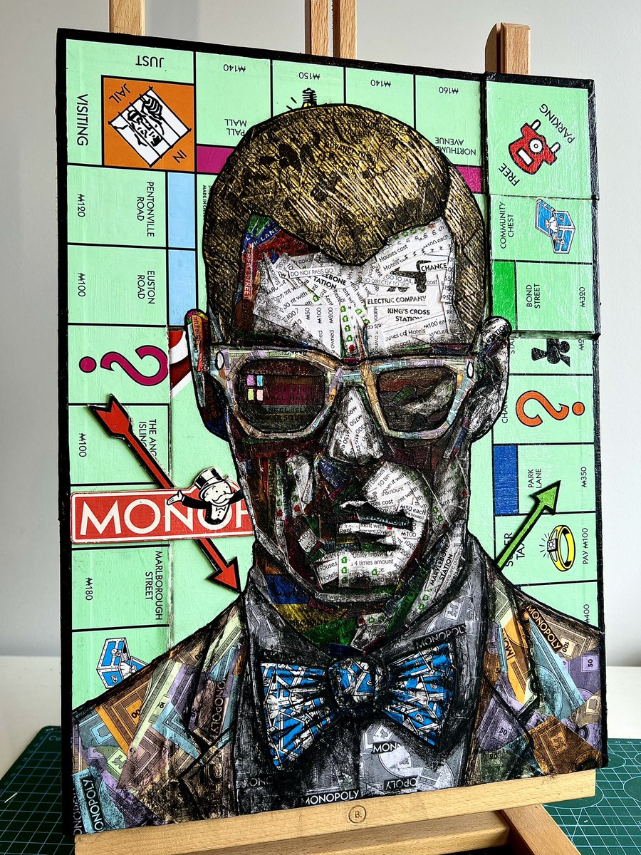 My latest mixed media and acrylic painting titled “The Trader” 
Made entirely from a monopoly board 💰
#monopoly #mixedmedia #trading #collage