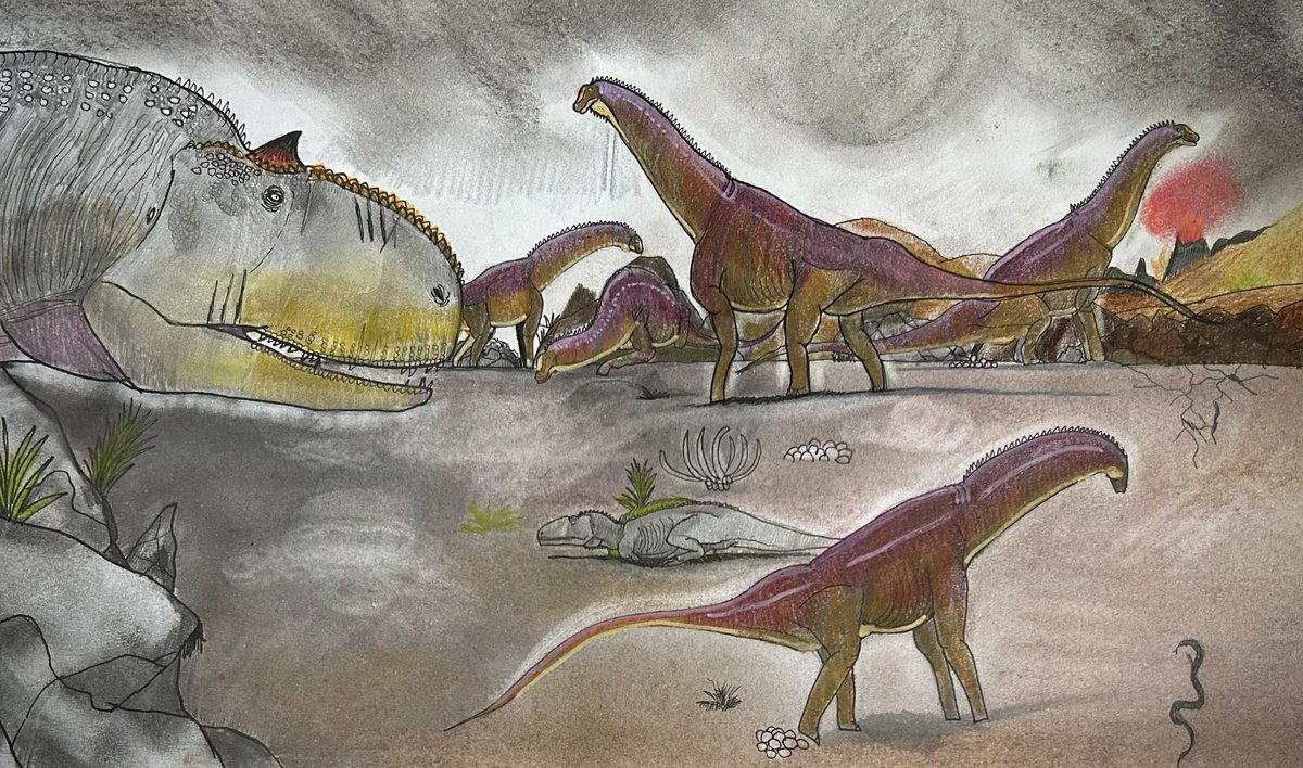 Sin_kyouryu_Esi's tweet photo. 今日のお絵描き
#イシサウルス の営巣地を狙う #ラジャサウルス
プレプラ2の火山の麓に産卵するシーンを参考に描いてみました!
ちな全ての竜脚類が温泉近くに卵を産むとは思ってないです💦
(出演古生物)
#isisaurus
#rajasaurus
#indosuchus #インドスクス
#Sanajeh #サナジェ
#LametaFormation https://t.co/bpxycbvmE8
