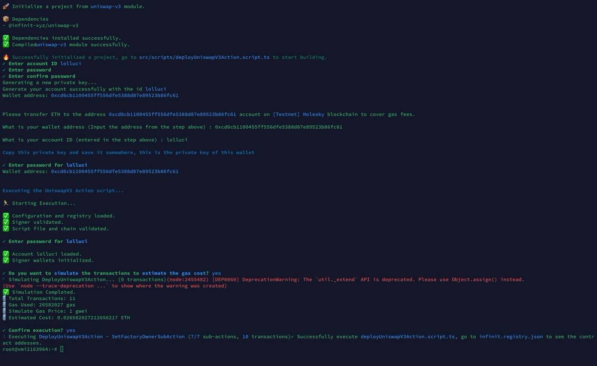CryptoGoatdm's tweet photo. I’m excited to announce the successful deployment of the Uniswap V3 protocol smart contracts on Holesky Ethereum! Big thanks to the @Infinit_Labs team for their amazing infrastructure support. Looking forward to the next steps! https://t.co/0AUW6yM3UV