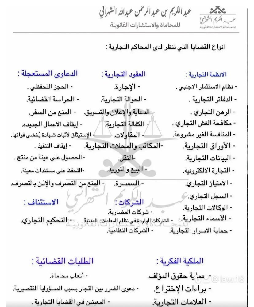 أنواع القضايا التي تنظر لدي المحاكم التجارية 👇