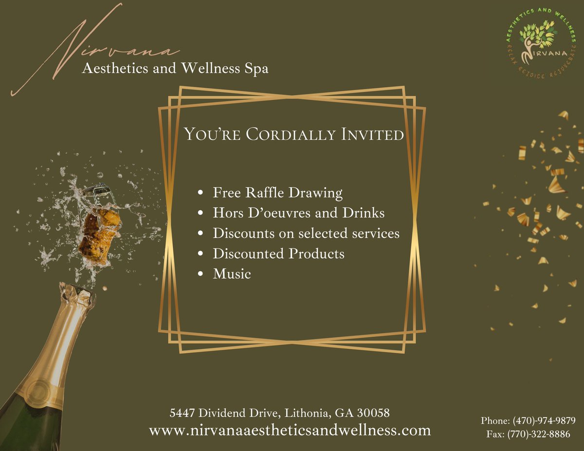nirvanaconyers's tweet photo. 𝐈𝐧𝐯𝐢𝐭𝐚𝐭𝐢𝐨𝐧 !!
We would like to cordially invite you to our open house for the soft opening ( October 12, 2024 ) of our MedSpa, Nirvana Aesthetics and Wellness Spa.

#nirvana #opening #october #spa #aestheticclinic #georgia #atlanta https://t.co/qMzQ2r2vsC