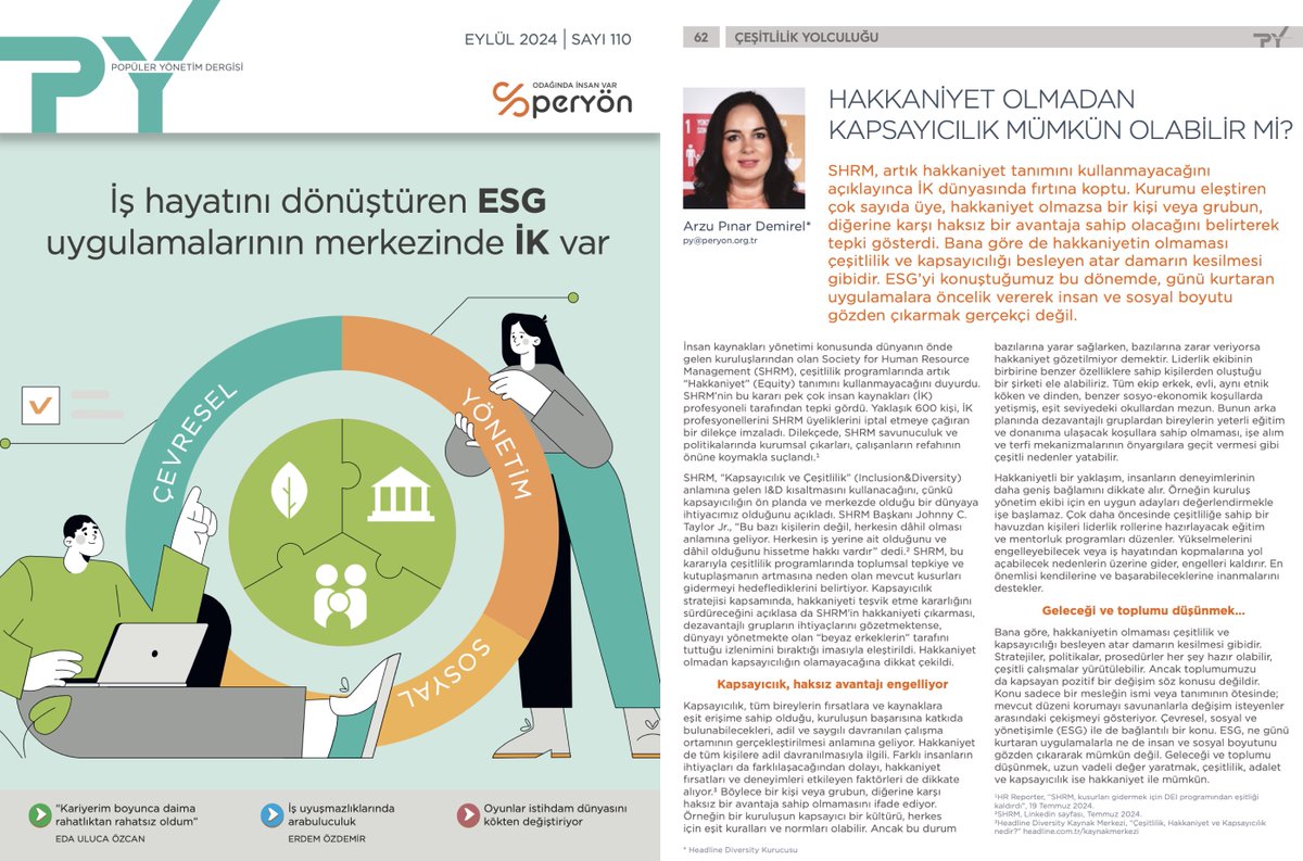 arzupinar's tweet photo. Peryön'ün Dergisi'ne bu ay #Hakkaniyet konusunu yazdım. SHRM, DEI'de artık Equity (Hakkaniyet) tanımını kullanmayacağını açıkladı. Tepki gören kararının arka planı ve konuyla ilgili görüşüm linkte:
https://t.co/TfBqlBxAs9

@peryondernek @Headline_DI #Çeşitlilik #Diversity https://t.co/7SZf9qkp6Y