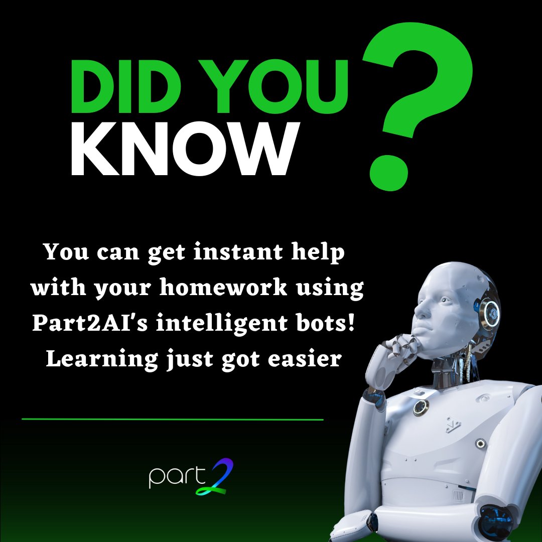 part2chat's tweet image. You can get instant help with your homework using Part2AI&apos;s intelligent bots! Learning just got easier with AI by your side

Download App Now -&amp;gt; part2ai.com
Free for a Limited Time!

#Part2AI 
#HomeworkHelp
#PersonalizedAssistance 
#SmartChats
#iphoneapp #iphone15