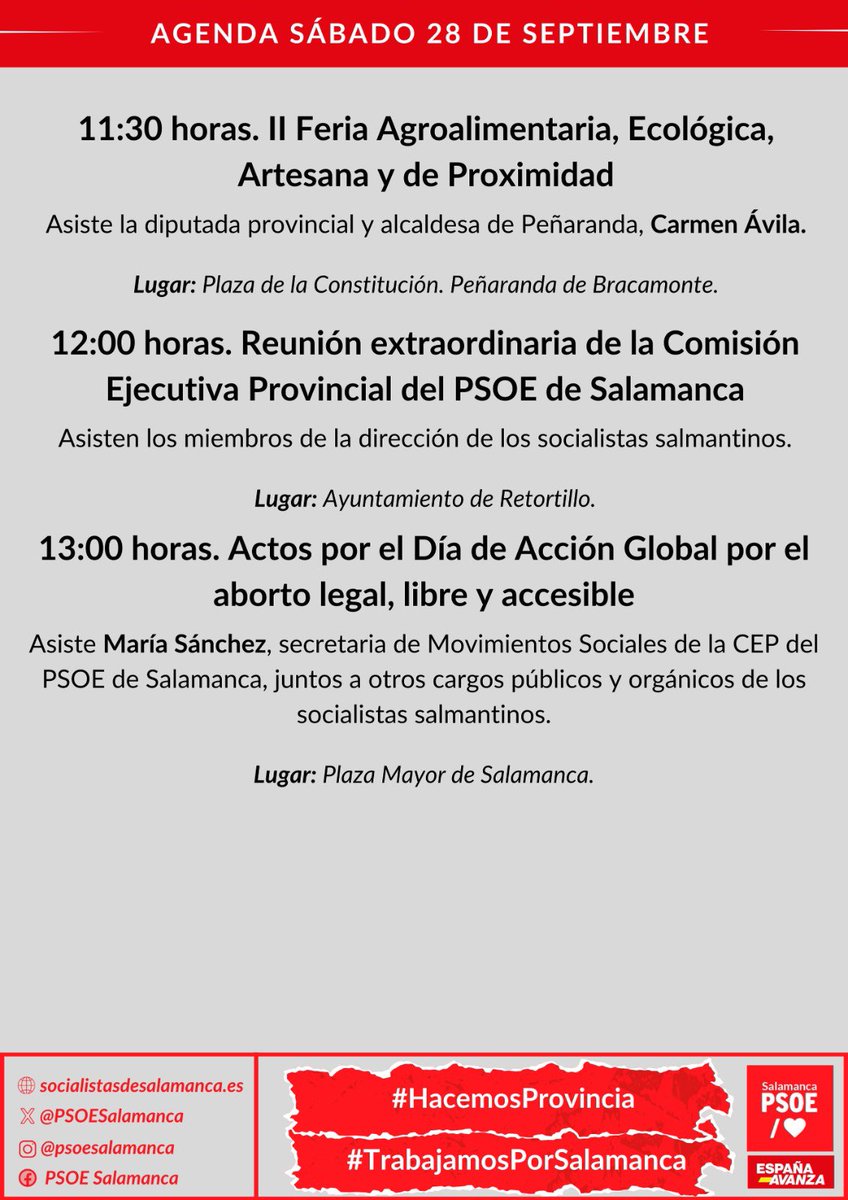 ☕️ ¡Buenos días!

🗓️ Sábado, 28 de septiembre 𝐝𝐞 𝟐𝟎𝟐𝟒.

📌 Os dejamos nuestra 𝗔𝗴𝗲𝗻𝗱𝗮 para esta jornada.

🌹 #HacemosProvincia

🤝 #TrabajamosPorSalamanca
