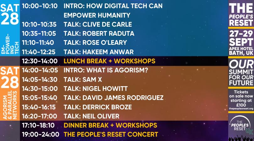 The People's Reset Day 2 is here!

Today is our BIGGEST day, both in scope of programme and attendees with many making the trip to explore our sessions on alternative systems and decentralised and privacy tech!

Plus our 2nd day will be wrapped up by our dear friend Neil Oliver