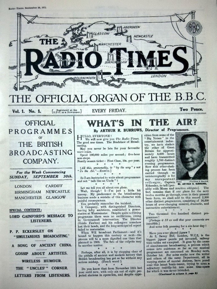28 September 1923. The 1st issue of the Radio Times was published. It came about because newspapers initially refused to carry listings of daily radio programmes. In response, the BBC decided to publish its own on a weekly basis. The magazine later carried TV listings, too.