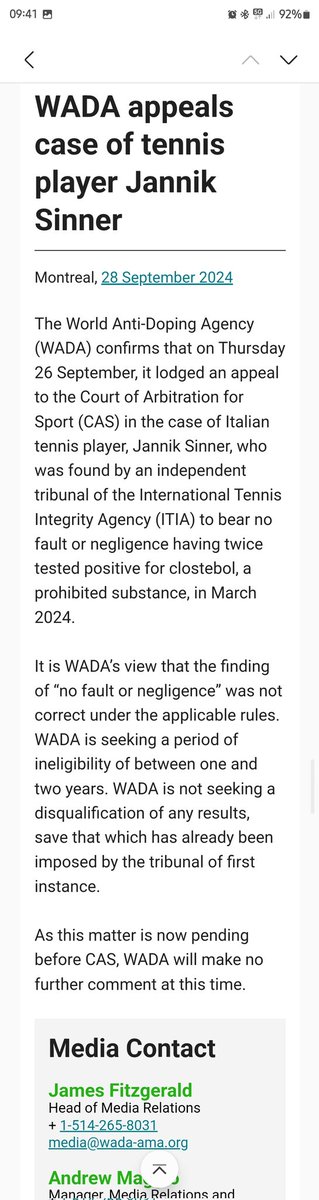 WADA legt Berufung gegen Sinners Freispruch ein.