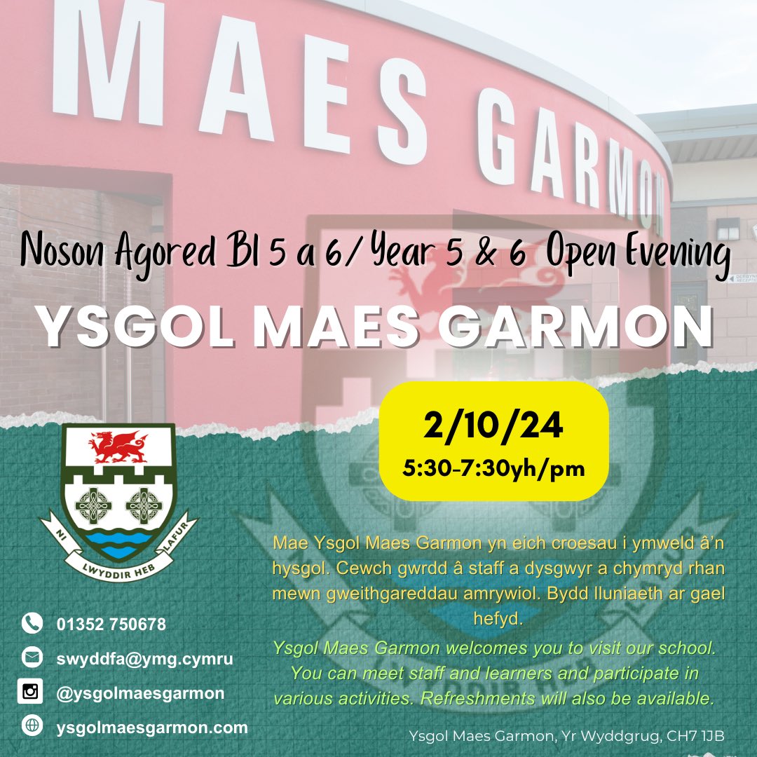 Ysgol Maes Garmon (@maesgarmon) on Twitter photo ๐ด๓ ง๓ ข๓ ท๓ ฌ๓ ณ๓ ฟ๐ด๓ ง๓ ข๓ ท๓ ฌ๓ ณ๓ ฟ๐ด๓ ง๓ ข๓ ท๓ ฌ๓ ณ๓ ฟNOSON AGORED I DEULUOEDD BL.5 a 6. NOS FERCHER NESAF, 2.10.2024 AM 17:30. CROESO CYNNES I CHI! OUR OPEN EVENING FOR YEAR 5 & 6 FAMILIES IS THIS WEDNESDAY, 2.10.24 AT 17:30. A WARM WELCOME TO ALL. THERE WILL ALSI BE A CHANCE TO HEAR ABOUT OUR IMMERSION COURSE.๐ด๓ ง๓ ข๓ ท๓ ฌ๓ ณ๓ ฟ๐ด๓ ง๓ ข๓ ท๓ ฌ๓ ณ๓ ฟ๐ด๓ ง๓ ข๓ ท๓ ฌ๓ ณ๓ ฟ ๐ด๓ ง๓ ข๓ ท๓ ฌ๓ ณ๓ ฟ๐ด๓ ง๓ ข๓ ท๓ ฌ๓ ณ๓ ฟ๐ด๓ ง๓ ข๓ ท๓ ฌ๓ ณ๓ ฟNOSON AGORED I DEULUOEDD BL.5 a 6. NOS FERCHER NESAF, 2.10.2024 AM 17:30. CROESO CYNNES I CHI! OUR OPEN EVENING FOR YEAR 5 & 6 FAMILIES IS THIS WEDNESDAY, 2.10.24 AT 17:30. A WARM WELCOME TO ALL. THERE WILL ALSI BE A CHANCE TO HEAR ABOUT OUR IMMERSION COURSE.๐ด๓ ง๓ ข๓ ท๓ ฌ๓ ณ๓ ฟ๐ด๓ ง๓ ข๓ ท๓ ฌ๓ ณ๓ ฟ๐ด๓ ง๓ ข๓ ท๓ ฌ๓ ณ๓ ฟ