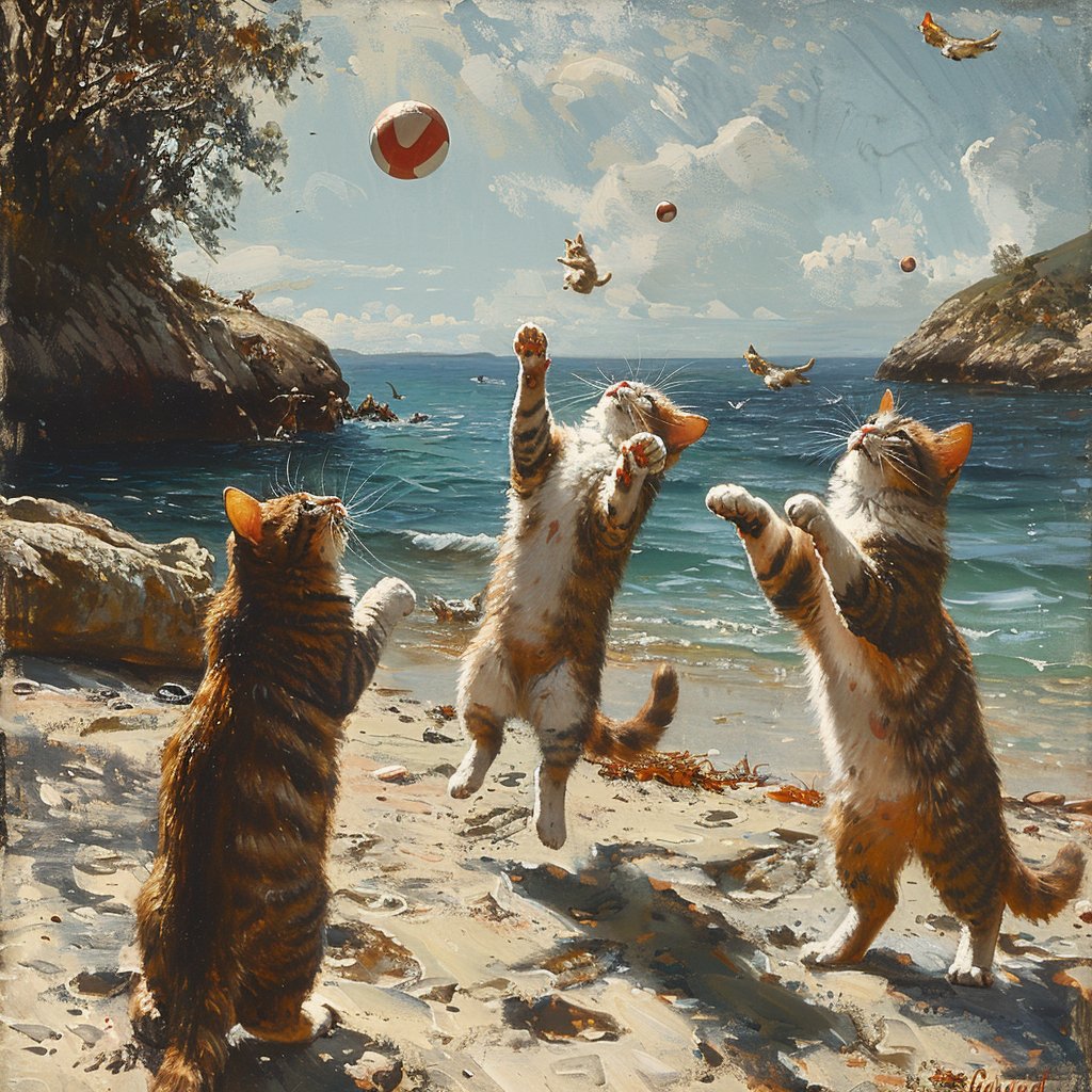Our friends are enjoying their Caturday with fun games at the beach.

🐱🏐💻🎨
