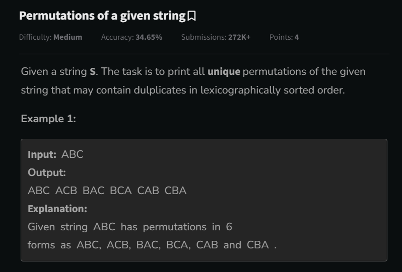 Leloushxoxo's tweet image. #gfg #geekforgeeks
How is permutation of a string lexicographical order without duplicating a medium Question?
And String permutation which considers duplicates hard 💀?
isn't it supposed to be the other way around?