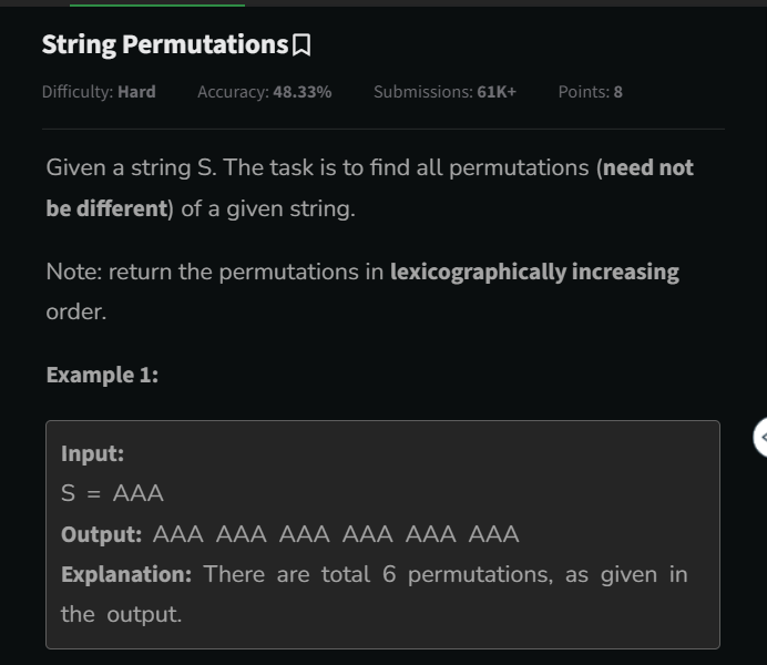 Leloushxoxo's tweet image. #gfg #geekforgeeks
How is permutation of a string lexicographical order without duplicating a medium Question?
And String permutation which considers duplicates hard 💀?
isn't it supposed to be the other way around?