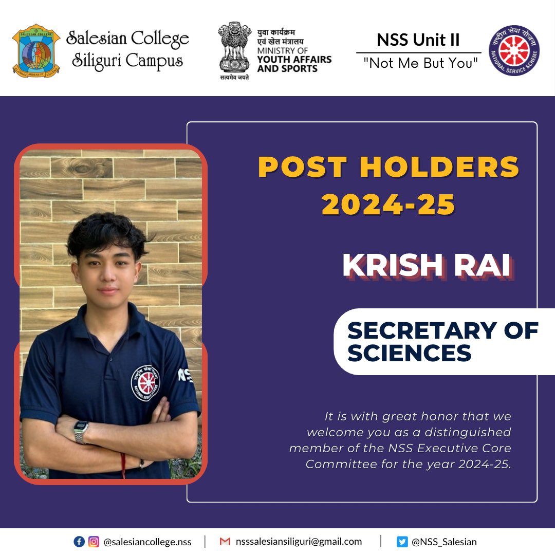 NSS_Salesian's tweet photo. Representing Deanery of Sciences with dedication and drive! Krish Rai , our Secretary for 2024-25, is ready to lead service projects and foster community spirit in every corner of the campus. 💪🏻💙 

#serviceinaction #nss2024 #nss #nssvolunteers #salesiancollege https://t.co/rOfRt8YbRL