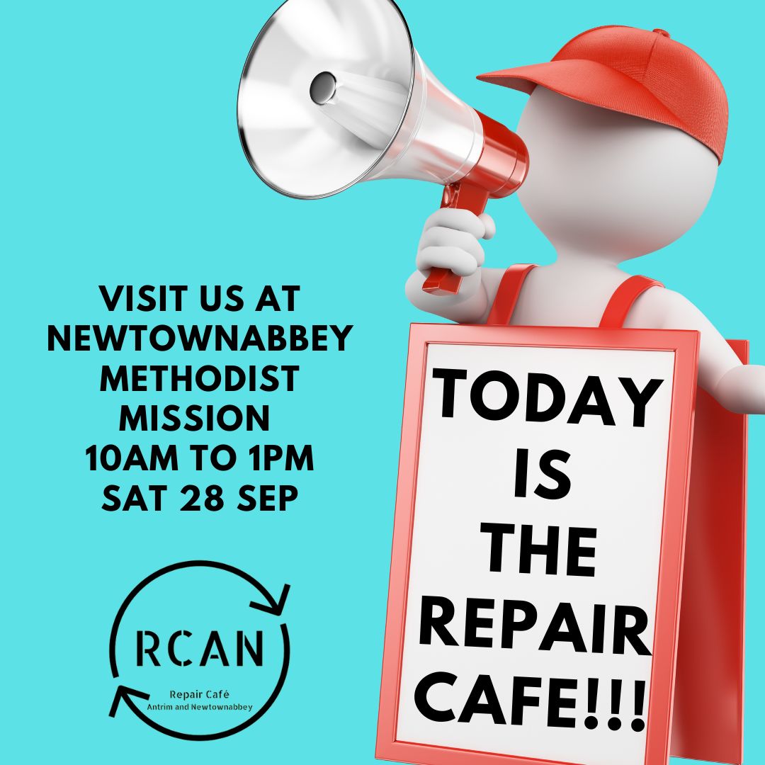 Today's the day! 

Our volunteers are busy getting set up.  The kettle ☕ is on and the treats 🍰 are being set out,  ready to welcome you and your repair. 

🗓️ Sat 28 Sep
🕙10am to 1pm
📍Newtownabbey Methodist Mission, 35 Rathcoole Drive, Newtownabbey, BT37 9AQ

See you soon 😀
