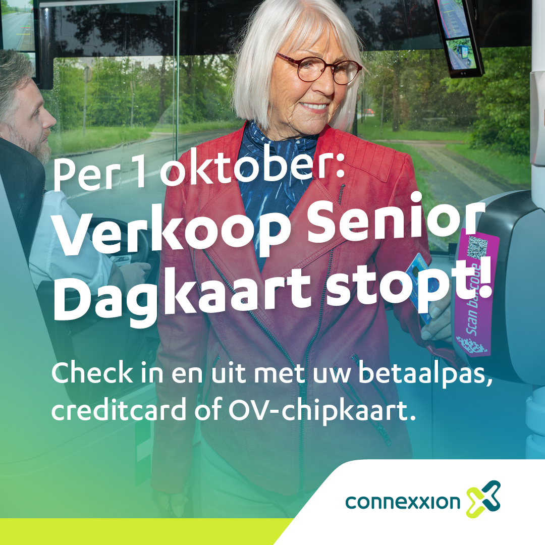 Connexxion's tweet photo. Vanaf 1 oktober kunt je geen Senior Dagkaart meer kopen.✋ 🎫
Ben je 65+? Zet dan nu je leeftijdskorting aan en reis met 34% korting op de betaalpas. 
Meer info:  https://t.co/zE1ViXHghr.

#ovpay #connexxion #transdev #leeftijdskorting https://t.co/7XBn87XZKM