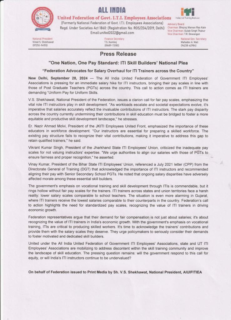Bhagatsinhkher's tweet image. United Federation Demand 
&quot;One Natino One Pay standaard&quot; All pan over india. in All State Gujarat Has lowest Pay Standard. Please Give Pay As per PGT Of Our State.@DGT_MSDE @PMOIndia @CMOGuj @DETGujarat @GujLabEmpDept @MSDESkillIndia @jayantrld @ITI_UNION @ALLINDIAUNITED1