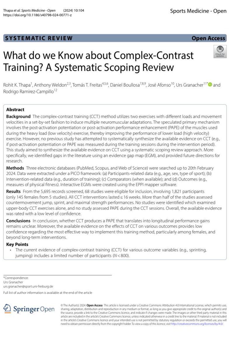 Just published! 📄

A really comprehensive analysis of the current state of the literature on what we actually know about Complex-Contrast Training just published in <a href="/SportsMedicineJ/">Sports Medicine</a> Open.

Congrats to <a href="/rohitthapa04/">Rohit Kumar Thapa</a> for spearheading the project and the whole team. 👏🏼👏🏼