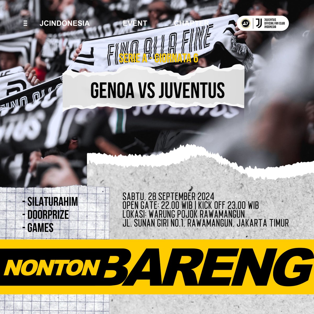 JCIndonesia's tweet photo. #EVENTJCI: MATCH PARTY JCI JAKARTA

⚽ SERIE A - GIO 6
🆚 GENOA vs JUVENTUS
⏰ OPEN GATE: 22.00 WIB
⏰ KICK OFF: 23.00 WIB
🏠 Warung Pojok Rawamangun
📍 https://t.co/9AVzV3NTD5
💰 HTM: 20K Include ice/hot Drink
📱CP: Ernest - 085711665042, Endang- 089606380273

#InfoNobar https://t.co/UsCiFYSHmN