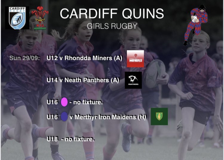 Want to get out and support some local #girlsrugby . Here’s our <a href="/QuinsGirlsRugby/">Quins Girls Rugby</a> <a href="/CardiffQuinsRFC/">Cardiff Quins RFC</a> fixtures for tomorrow. 
🟣🔵🏉🏴󠁧󠁢󠁷󠁬󠁳󠁿 #Quins