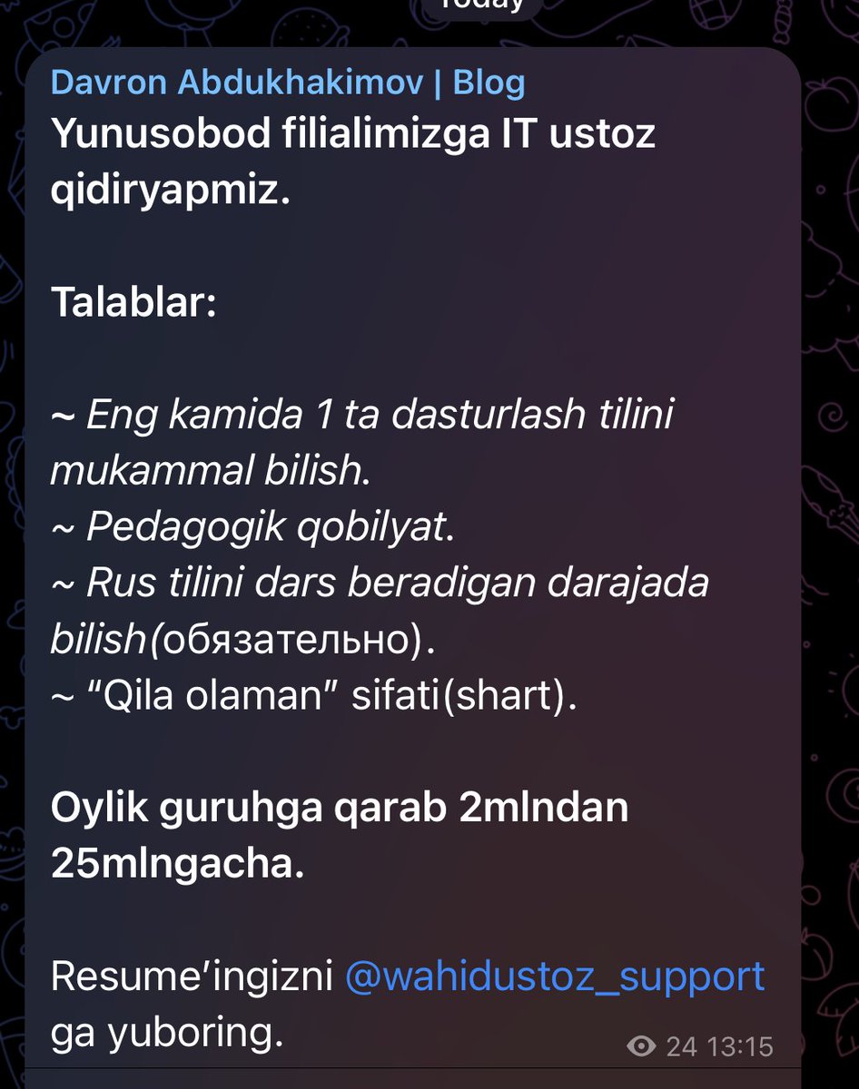 🔞🔞🔞

Aktivi bor aka singillar, shuni #repost qilib tarqatib kimdir ishli boʻlishiga koʻmaklashinglar pliz. Yaxshi mentor anchadan beri qidirib qiynaldik.