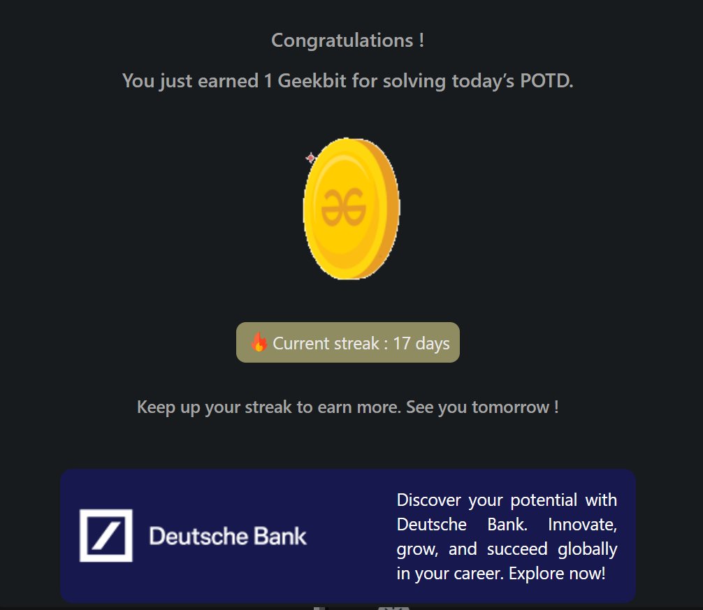 Pprratikk's tweet image. Day 17 of 21 days coding challenge
@geeksforgeeks
@DeutscheBank
#21DaysOfCoding #CodingChallengeg #LearnToCode #GeekForGeeks #ING #DeutscheBank #geekstreak2024